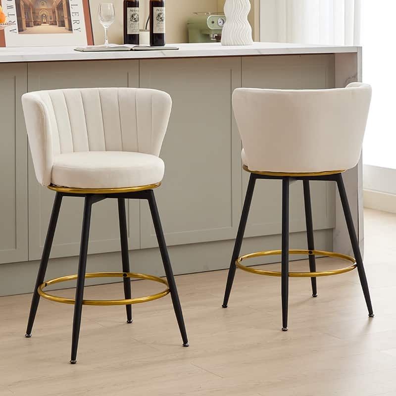 Mid-century Counter Height Bar Stools Set of 2 360° Swivel Barstools with Vertical Stripe Backrest and Round Padded Seat