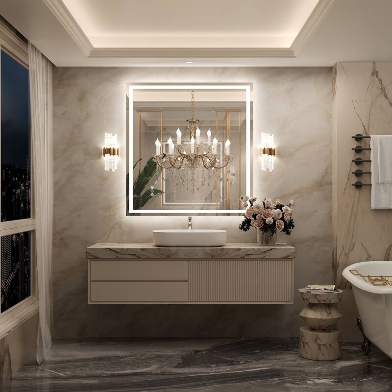 Frameless LED Front Light and Backlit 3 Colors Dimmable Anti-Fog Wall Bathroom Vanity Mirror