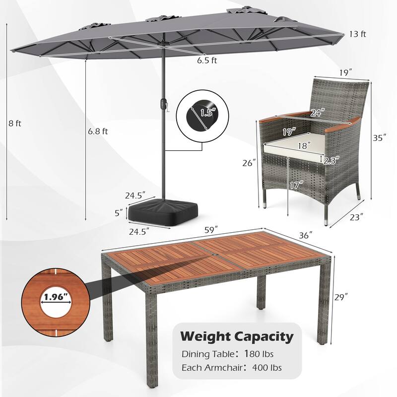 Gymax 8-Piece Patio Dining Set w/ Double-Sided Market Umbrella Acacia