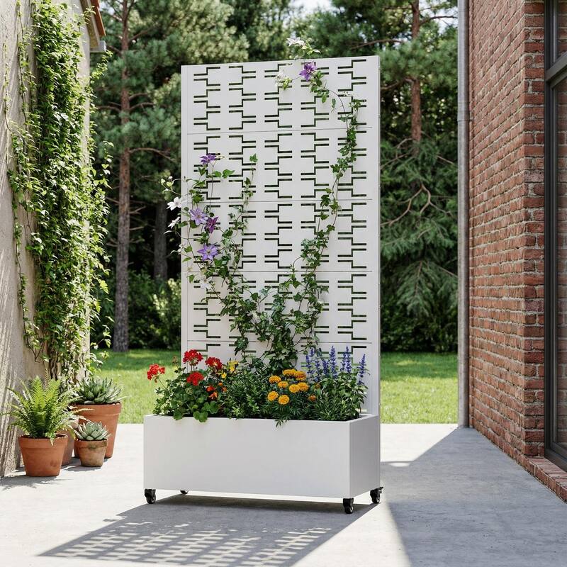 Metal Planter Box with Trellis Privacy Screen Planter Box with Lockable Wheels - White-Rectangle - 72"x35"