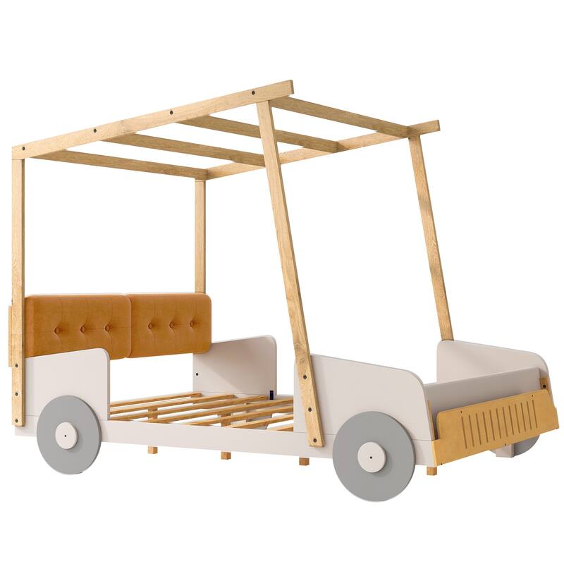 Wood Twin/Full Size Car Bed with Pillow, Ceiling Cloth