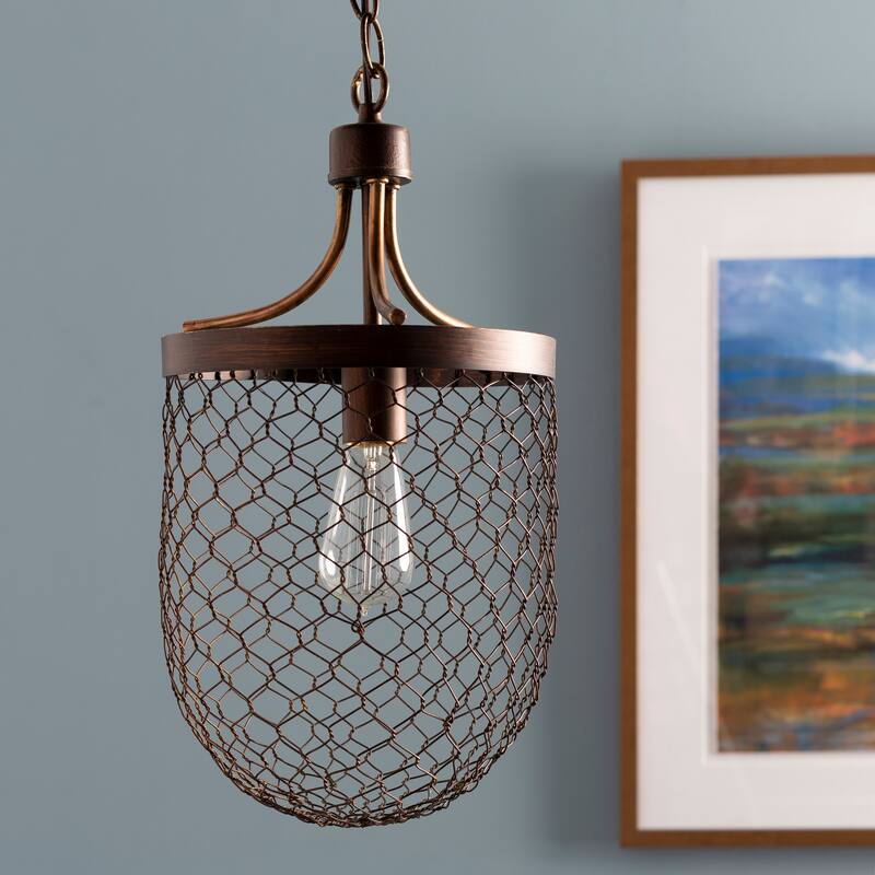 Nell Farmhouse Wire Mesh 1-light Hanging Pendant - 11.75"H x 11.75"W x 17.25"D - 11.75"H x 11.75"W x 17.25"D - Brown