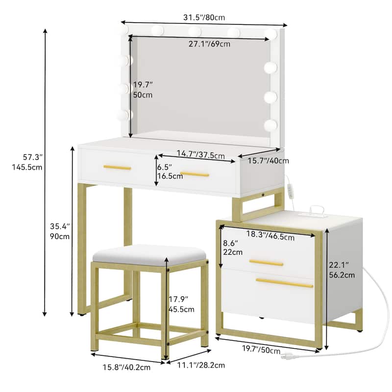 Makeup Vanity Table with Mirror and 10 LED Light Bulbs - 31.5"L x 15.7"W x 57.3"H