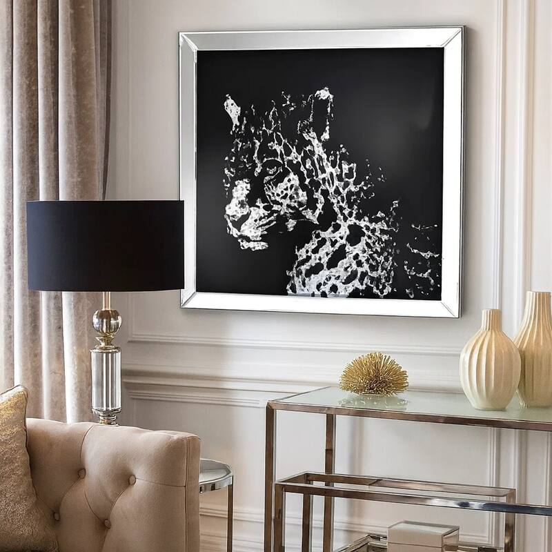 Square Shape Mirror framed Leopard Wall Dï¿½cor With Crystal Inlays, Black & Silver