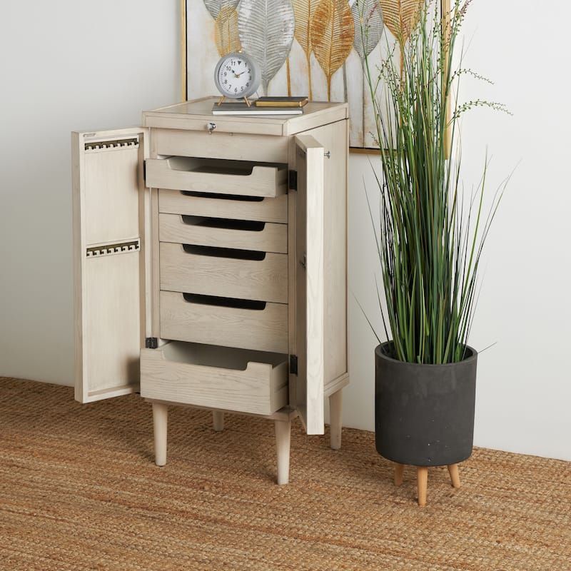 Wooden Geometric Oval Rattan Jewelry Cabinet with Mirrored Lift Top - Light Gray - Roche River Decor - 18"W x 20"L x 47"H