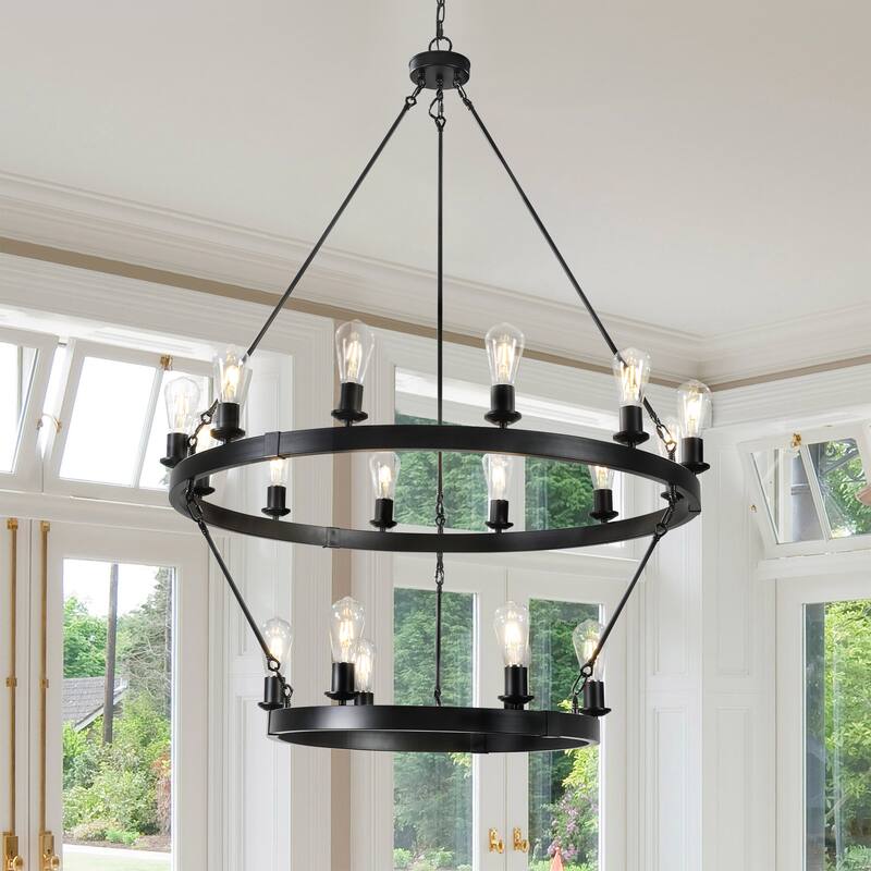 Retro style Large 2-Tier circular ceiling Ironwork chandelier - Black