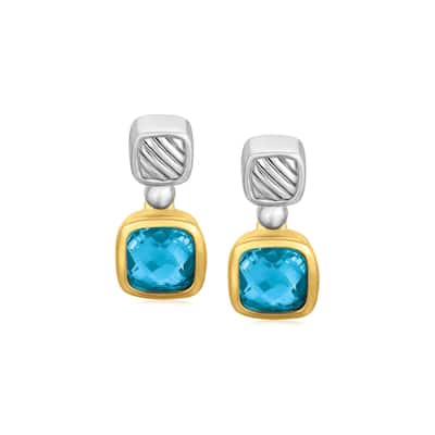 18k Yellow Gold and Sterling Silver Earrings with Bezel Set Blue Topaz