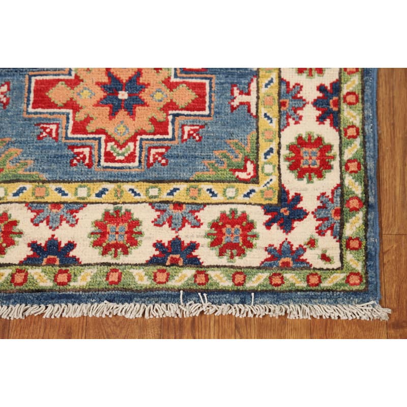 Blue Geometric Kazak Oriental Foyer Rug Hand-Knotted Wool Carpet - 2'0"x 3'0"