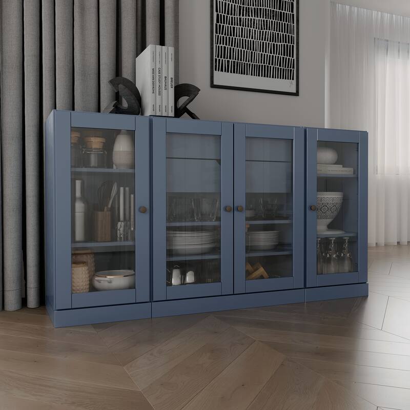 Palace Imports 100% Solid Wood 65" Sideboard with Clear Glass Doors, 2-Drawers and Adjustable Shelves - Antique Blue