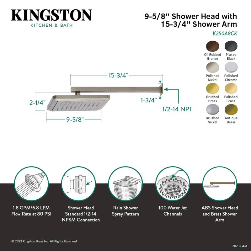 Kingston Brass Claremont 9-5/8-Inch Square Shower Head with Shower Arm