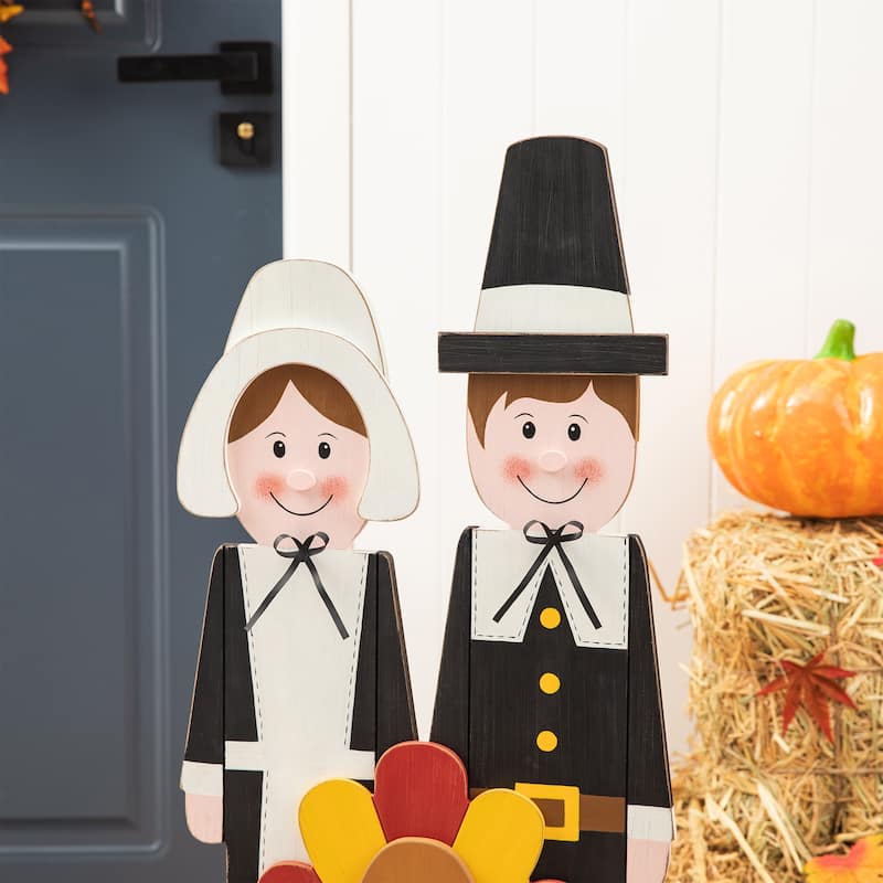 Glitzhome 36"H Thanksgiving Wooden Turkey Pilgrim Couple Poch Decor