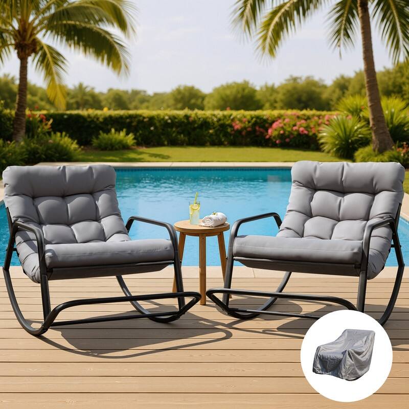 Outdoor Oversized Rocking Lounge, 450 lbs Patio Rocker Recliner Chair, Papasan Rocking Chair, Large Lounge Rocker - 2 PCS-Light Grey
