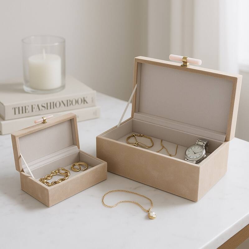 Wood Decorative Boxes with Stone Handle and Lid (Set of 2) - 4/7" Tan - 14" x 8" x 6"