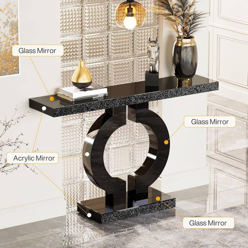 Acrylic and Glass Console Table with O-Shaped Base Design - 43.11"W x 11.61"D x 31.89"H