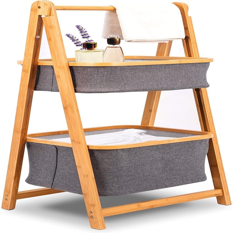 2 Tier Fold Out Hamper Shelf Storage - 12.99"D x 17.52"W x 38.98"H - 12.99"D x 17.52"W x 38.98"H - Natural