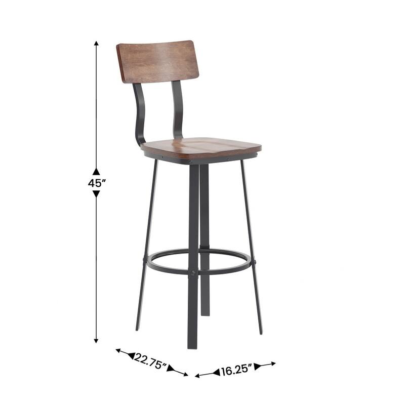 Rustic Walnut Restaurant Barstool with Wood Seat & Back & Gray Powder Coat Frame - 16.25"W x 22.75"D x 45"H