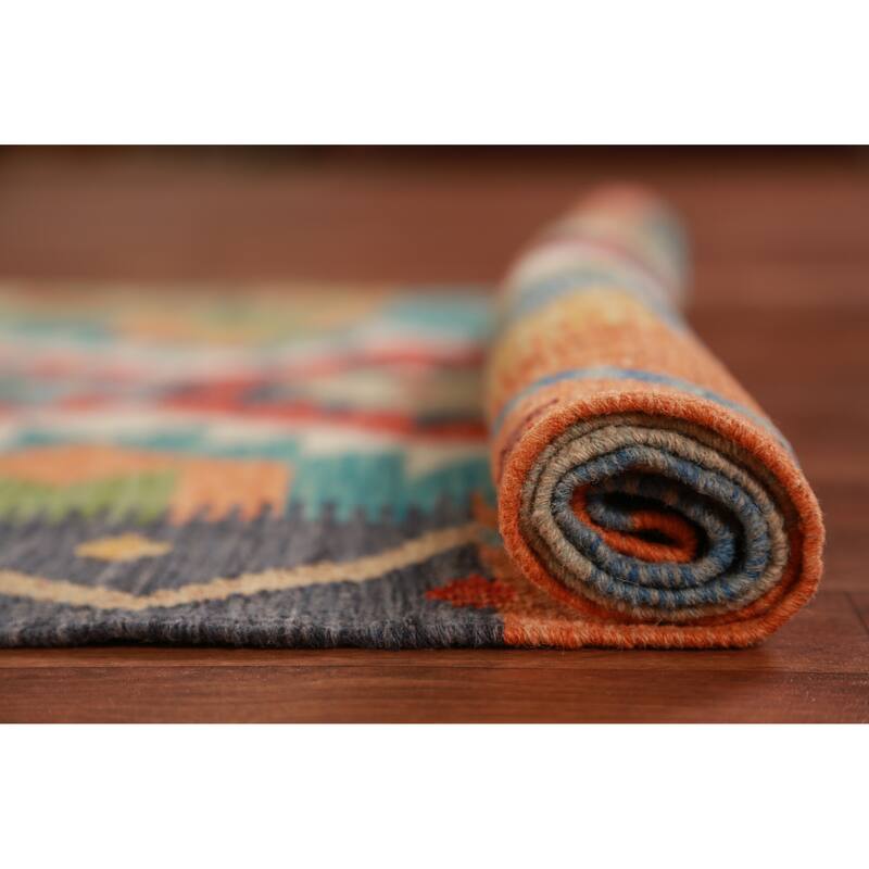 Hand Woven Oriental 100% Wool Carpet Southwestern Geometric Multi-Colored Kilim Runner Rug - 16' 2'' X 2' 10''