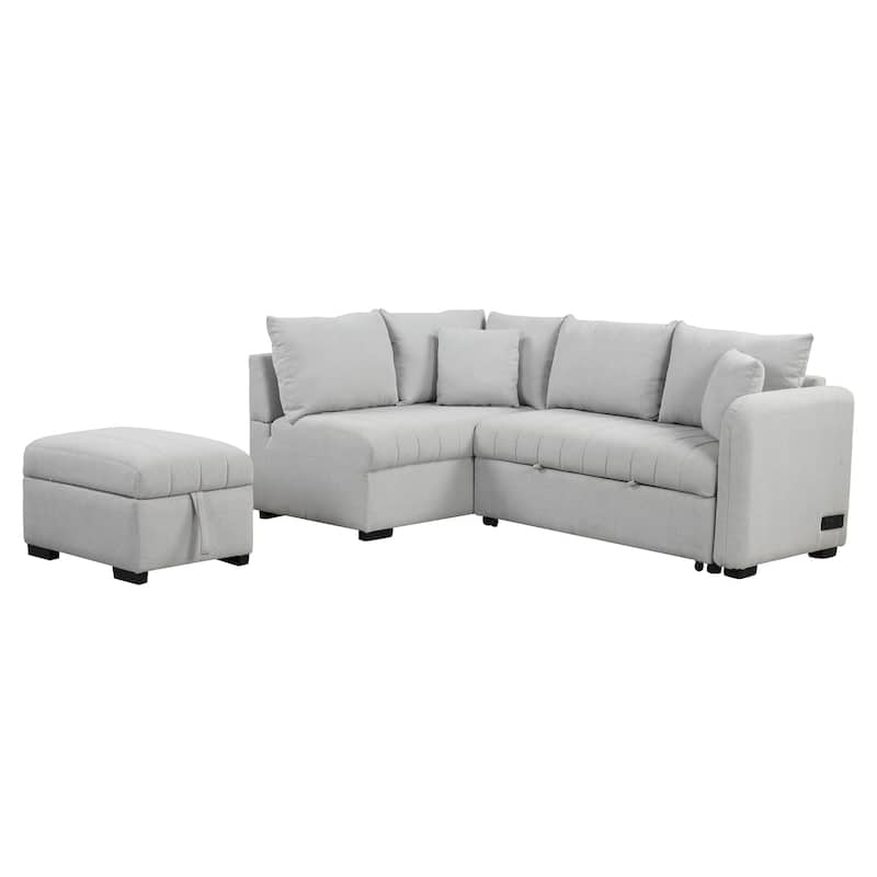 Grey 82.6" L-Shaped 5-Seater Sleeper Sofa with Ottoman