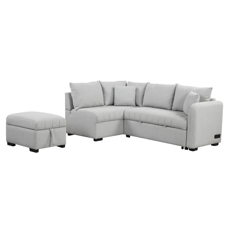 L-Shaped Sectional Sofa with Pull Out Sofa Bed & Storage Ottoman, Convertible Sleeper Sofa with USB Ports & Power Sockets