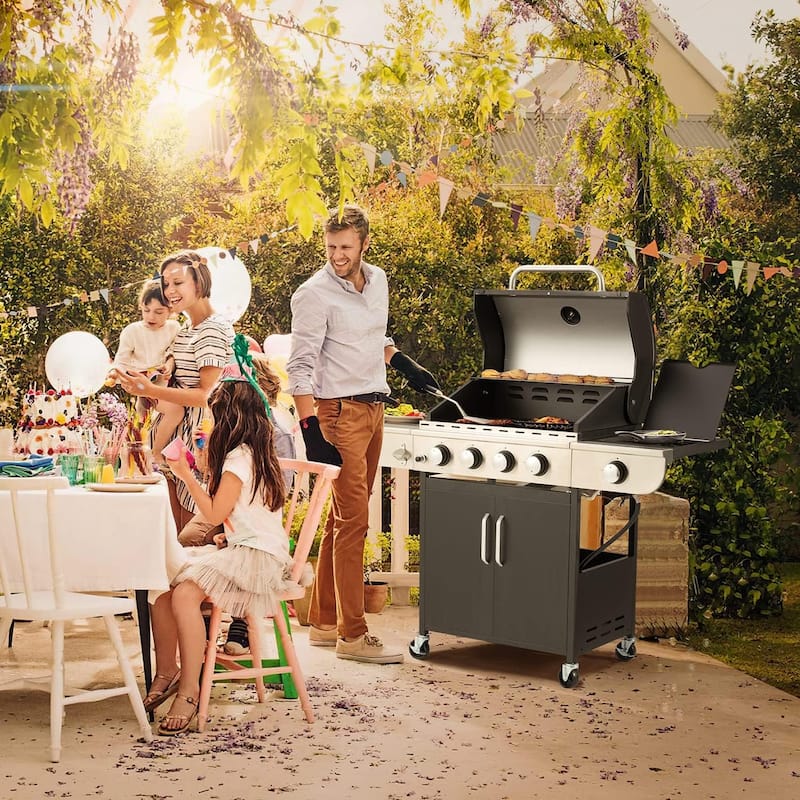 Outdoor BBQ Gas Grill - 58K BTU, Stainless Steel, with Stove & Side Table, perfect for camping, picnics, and gatherings