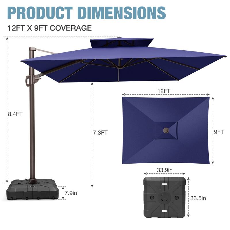 9 x 12 FT Outdoor Patio Double Top Rectangular Cantilever Umbrella with Wheel Base