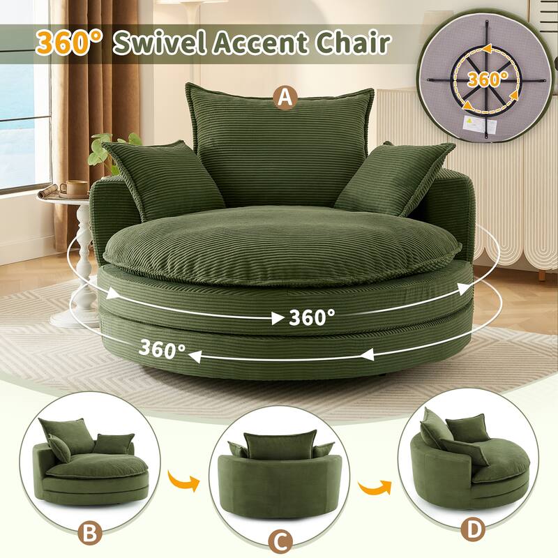 360° Swivel Sofa Chair Accent Barrel Chair 57.5" Swivel Round Chair with Dual-layer Cushion Design and 3 Removable Pillows