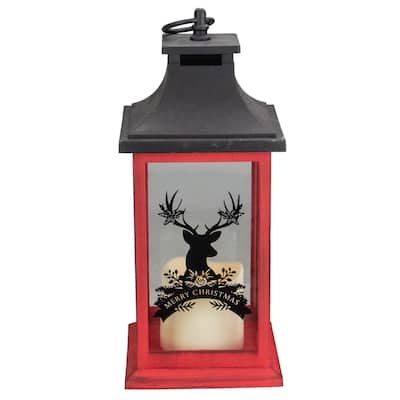 LED Candle with Deer "Merry Christmas" Lantern - 12" - Red and Black