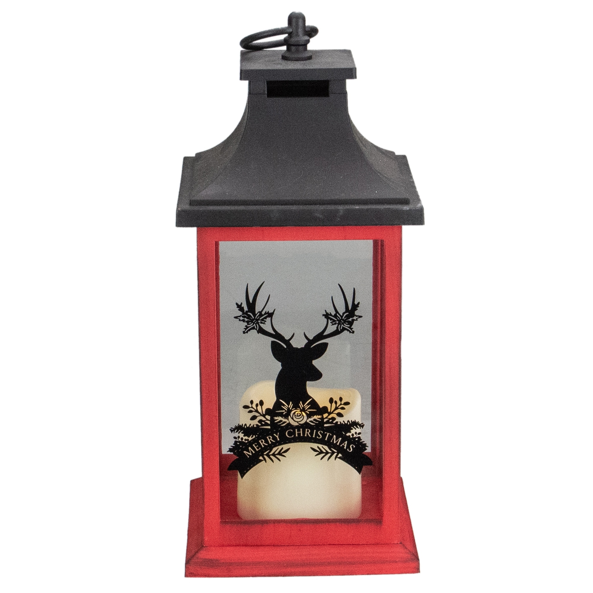 12" Red and Black LED Candle With Deer Christmas Lantern
