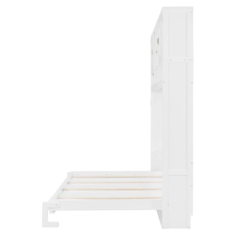 Queen Size Hydraulic Lift Wall Murphy Bed Frame with Diamond Stripes, Large Storage Murphy Bed Cabinet with Top Shelves