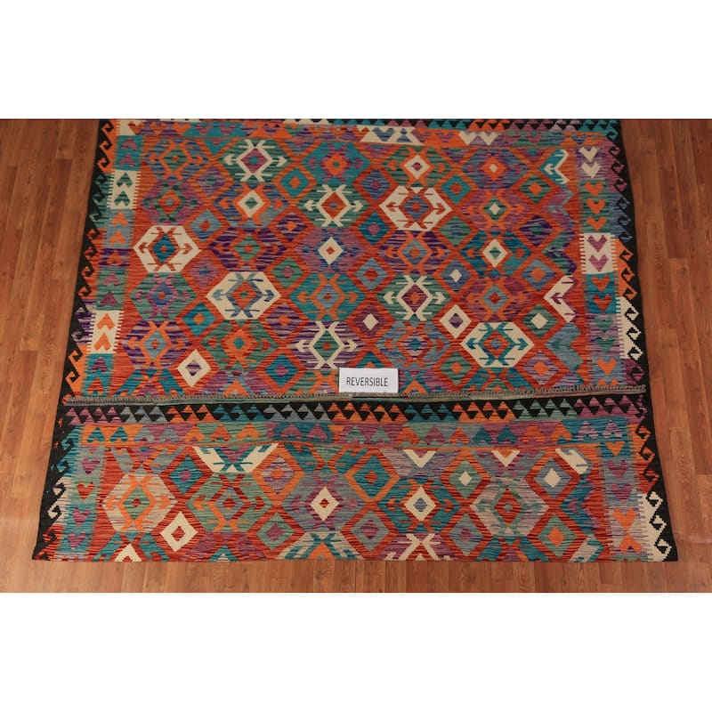 All-Over Geometric Kilim Oriental Area Rug Flatweave Wool Carpet - 8'4" x 9'8"