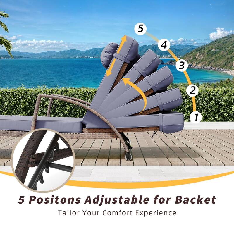 Outdoor Chaise Lounge Chairs Set of 2, Patio Rattan Reclining Chair with 5-Position Adjustable Backrest