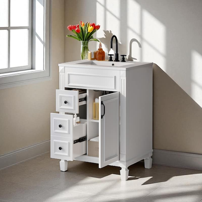 24" Bathroom Vanity with Ceramic Sink, Modern Small Bathroom Cabinet with 2 Drawers & Adjustable Shelf, Space-Saving