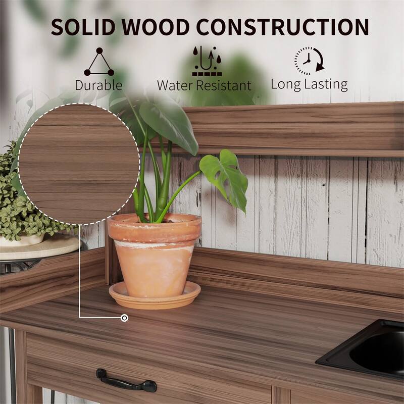 Outdoor Wooden Potting Bench with Sink and Storage Cabinet Drawer and Shelves for Gardening - 44.5" L x 18.7" W x 50.2" H