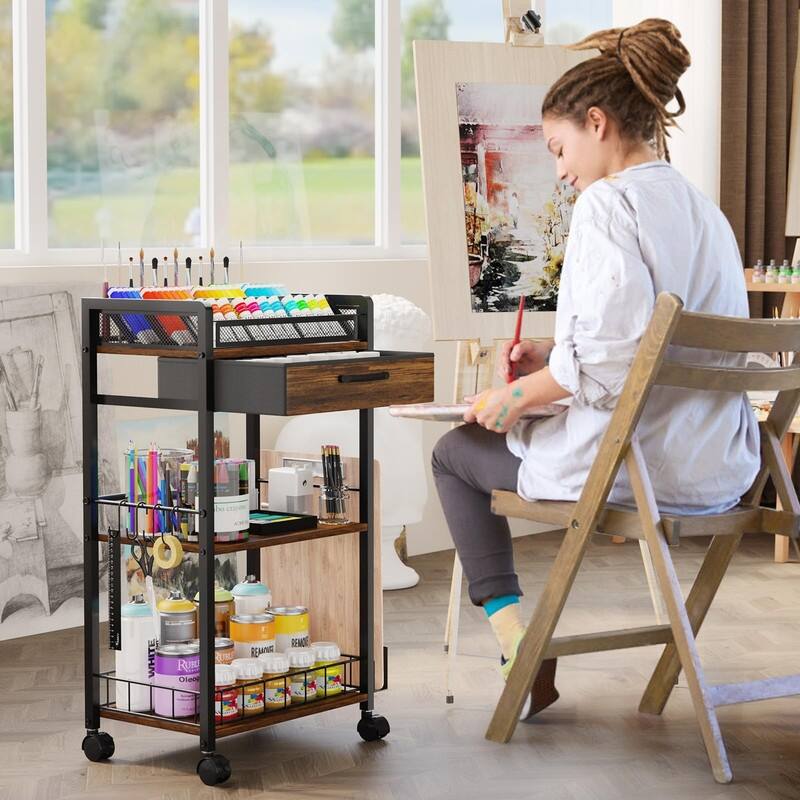 Metal Utility Cart with Storage Drawer and Wheels - 34.7"D x 9.3"W x 16.9"H