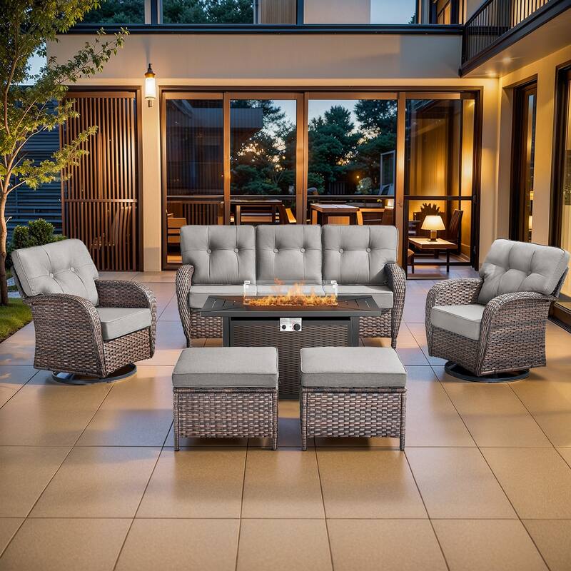 Pocassy Outdoor 43 In Fire Table with Sofa Swivel Chair Set - Brown Wicker Gray Cushion - 8-Piece Sofa Swivel Chair Ottoman with Fire Table