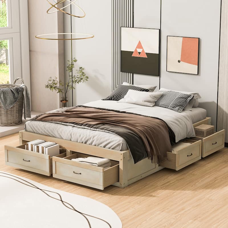 Queen Size Platform Bed Frame with 6 Built-In Storage Drawers, No Headboard, Low Profile Design in Antique - Queen Antique Natural - Queen