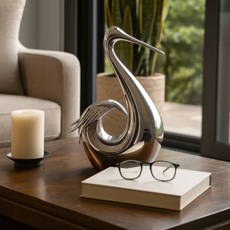 Metal Sculpture Stylish Swan Bowling Figurine Home Decor - 11" Silver - 7" x 3.5" x 11"