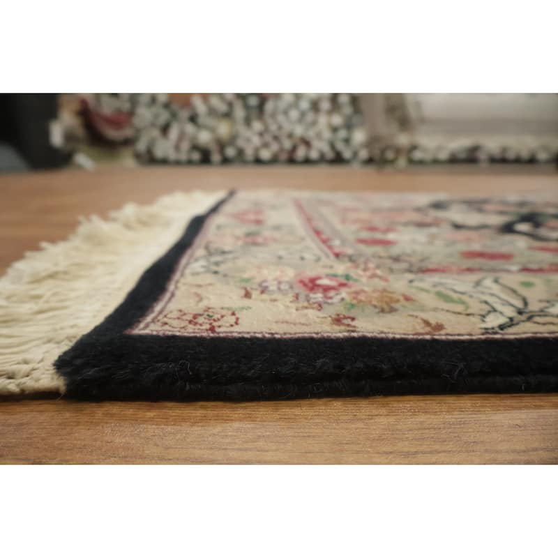 Hand Knotted Oriental 100% Wool Carpet Traditional Floral Black Aubusson Runner Rug - 10' 0'' X 2' 6''