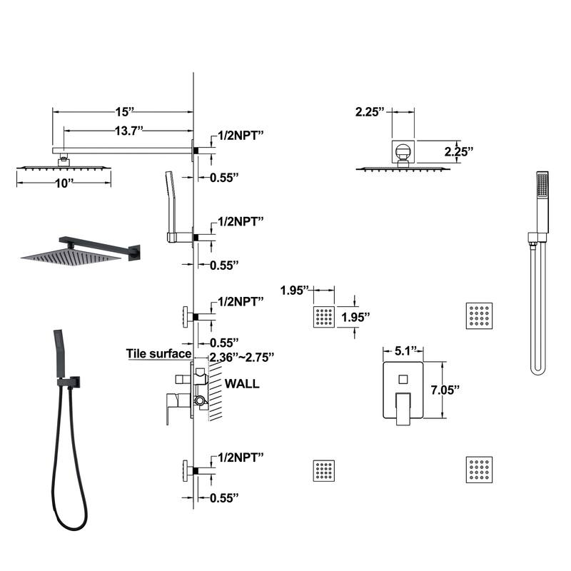 Pressure Balanced Rain Shower System Wall Mount Rain Shower Head With 4 Body Sprays And Handheld Shower Combo Set