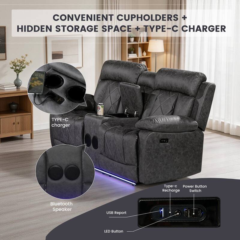 2PC Soft Microfiber Power Reclining Chair, LED Light, Bluetooth Speaker, Type-C and USB Charger