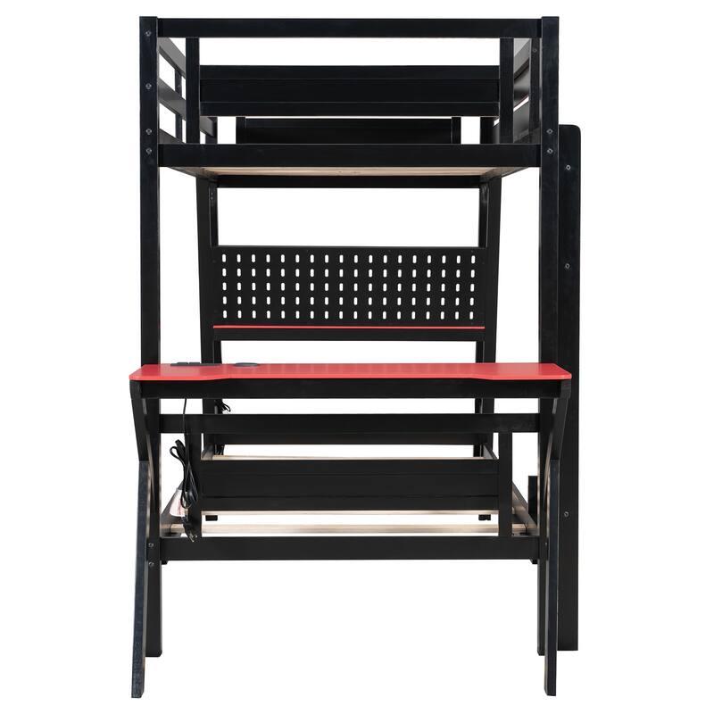 E-sports Inspired Bunk Bed with 2 Built-In Gaming Desks, USB Desktop Ports and Pegboard Organizer, Bunk Frame for Teens Gamer