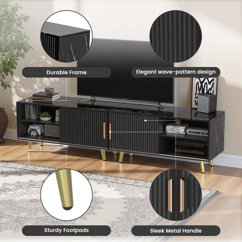 Meyreso 2-Piece Modular TV Stand and Coffee Table Set with Wave Pattern Doors & Adjustable Glass Shelf - 78 inches