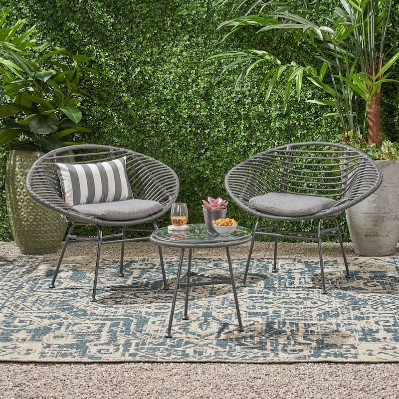 Meridian Outdoor 2 Seater Faux Wicker Chat Set with Tempered Glass Table by Christopher Knight Home - Gray+ Dark Gray+ Black