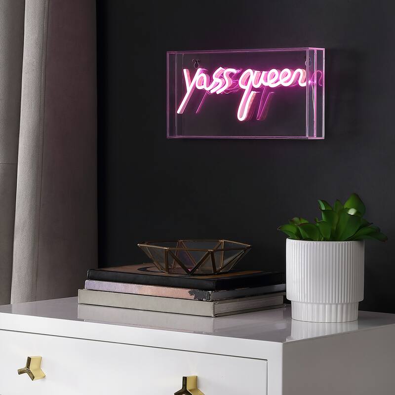 Hello Queen 11.8" Contemporary Glam Acrylic Box USB Operated LED Neon Light, Pink by JONATHAN Y - 1 Bulb