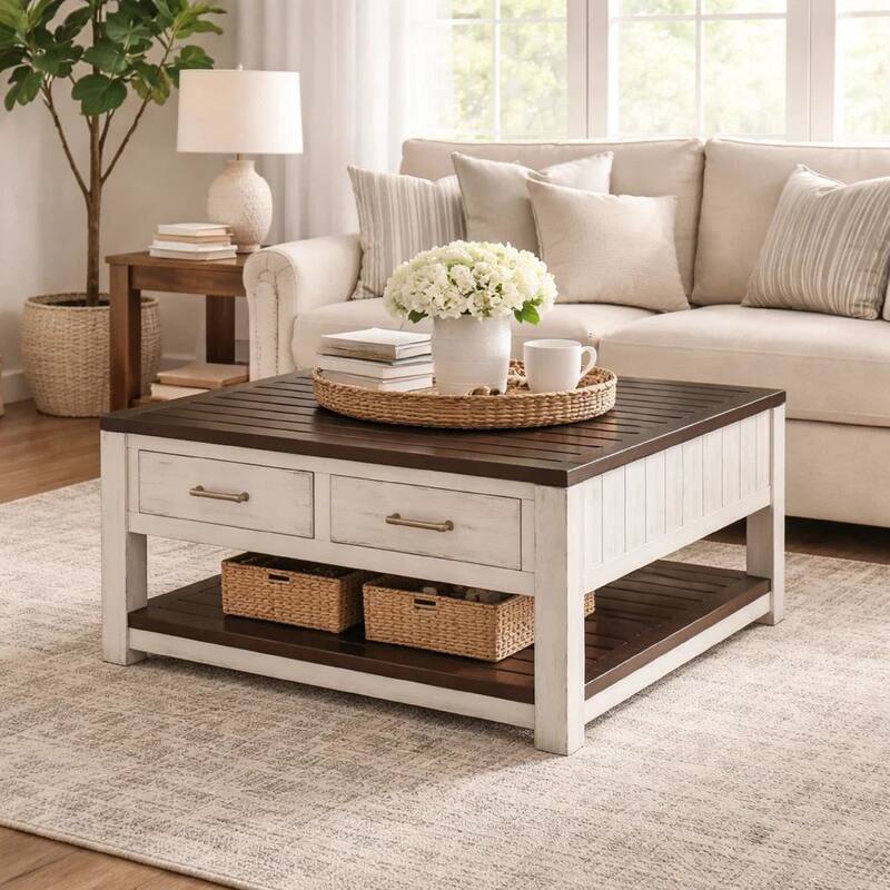 Barb Coffee Table, 2 Drawers and Lift Top, 36 Inch Gray Acacia Wood