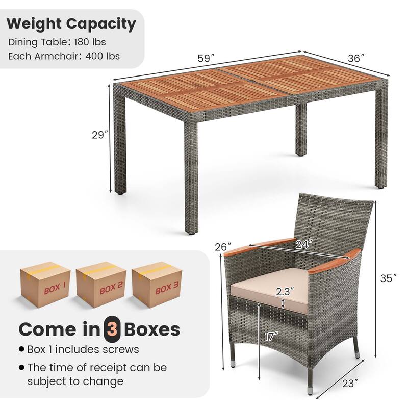 Gymax 7 PCS Patio Wicker Dining Set w/ Acacia Wood Table & 6 Armchairs