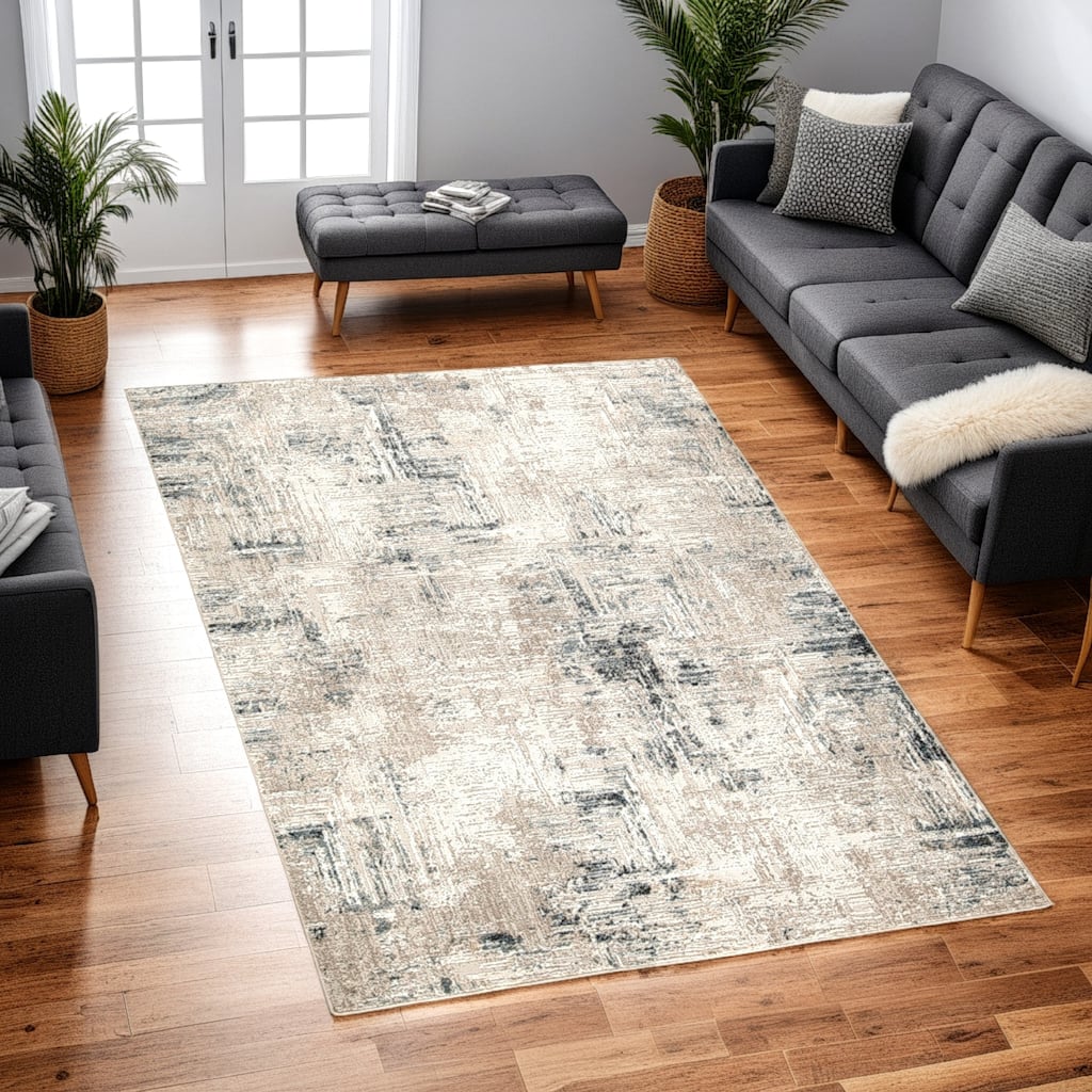 Toer 5 x 7 Medium Area Rug, Abstract Impression Art, Machine Woven, Gray - 5 x 7