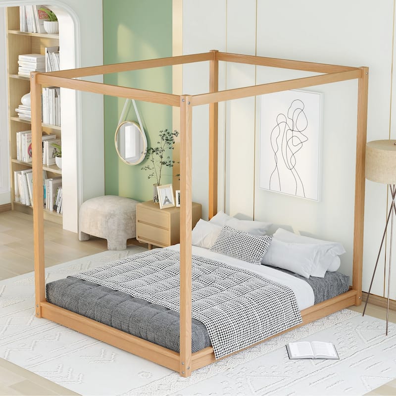Modern Canopy Platform Bed with Wood Slats Support
