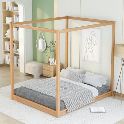 Queen Modern Floor Wooden Canopy Platform Bed with Support Legs
