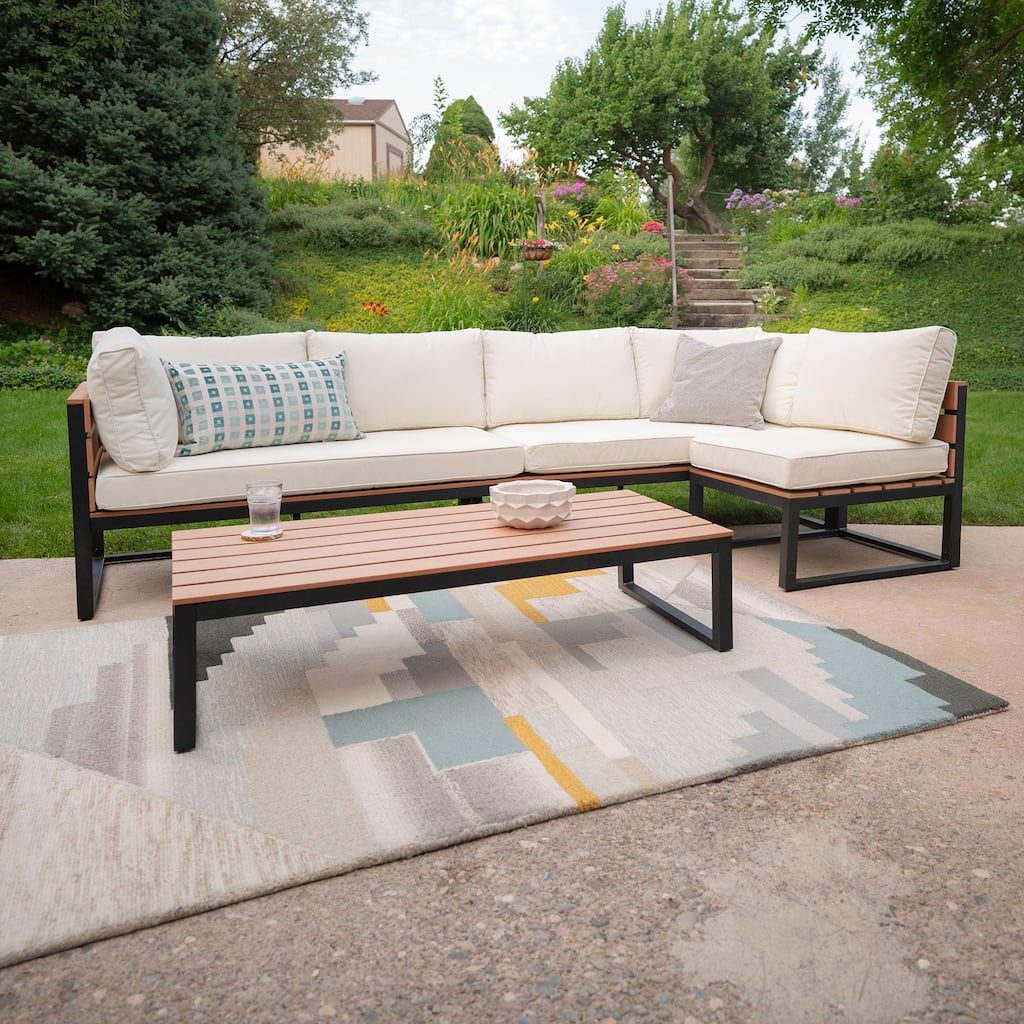 Walker Edison Hampton 4-Piece Outdoor Sectional and Coffee Table